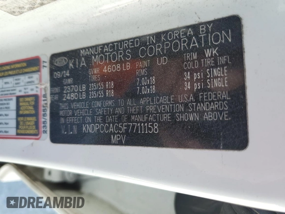 2015 Kia Sportage EX with VIN KNDPCCAC5F7711158, listed as a Copart auction lot 45670445 with 174,463 mi miles and Salvage title. Bid and sale history available at DreamBid. Image 15.