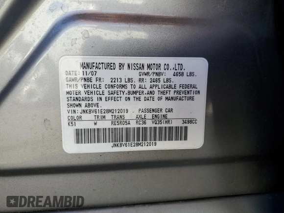 2008 Infiniti G35 with VIN JNKBV61E28M212019, listed as a Copart auction lot 86111644 with 254,358 mi miles and Clean Title. Bid and sale history available at DreamBid. Image 12.