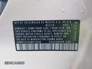 2013 Volkswagen Jetta SE z VIN 3VWDP7AJ5DM374598, wystawiony jako IAAI lot #42498082 z przebiegiem 144 285 mil mil oraz . Historia ofert i sprzedaży dostępna na DreamBid. Obrazek 9.