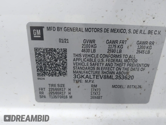 2021 GMC Terrain SLE with VIN 3GKALTEV8ML353620, listed as a IAAI auction lot 41646175 with 38,545 mi miles and . Bid and sale history available at carsss.com. Image 9.