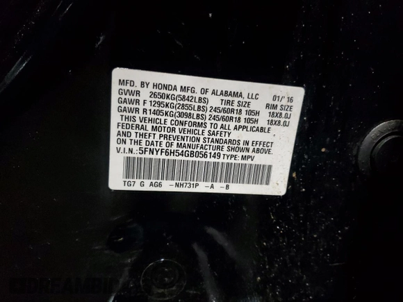 2016 Honda Pilot EX-L with VIN 5FNYF6H54GB056149, listed as a Copart auction lot 52232145 with 168,925 mi miles and Salvage Title. Bid and sale history available at carsss.com. Image 14.