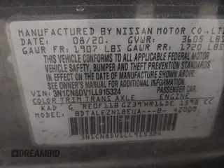 2020 Nissan Versa S with VIN 3N1CN8DV1LL915324, listed as a IAAI auction lot 41430197 with 94,386 mi miles. Bid and sale history available at carsss.com. Image 9.