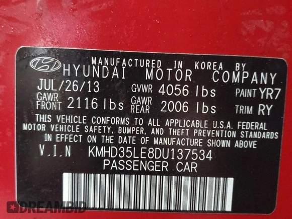2013 Hyundai Elantra с VIN KMHD35LE8DU137534, выставлен на аукционе Copart как лот 57162405 с пробегом 252 852 миль миль и Списание • Salvage title. История ставок и продаж доступна на DreamBid. Изображение 13.