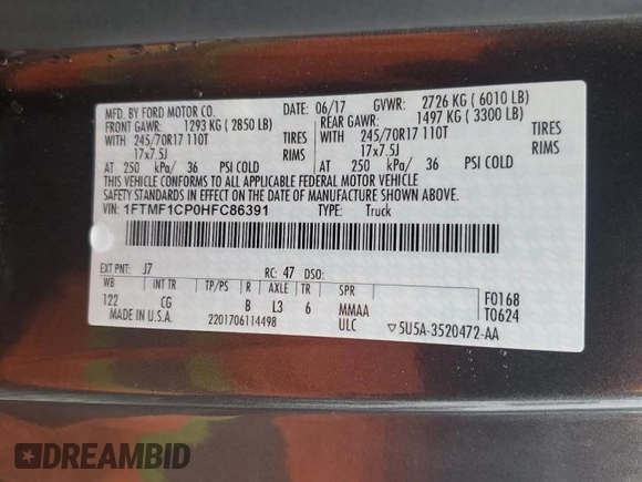 2017 Ford F-150 XL with VIN 1FTMF1CP0HFC86391, listed as a Copart auction lot 85509444 with 69,218 mi miles and Salvage title. Bid and sale history available at DreamBid. Image 12.