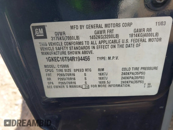 2004 GMC Yukon XL SLT with VIN 1GKEC16T94R194456, listed as a IAAI auction lot 41786559 with 1 mi miles. Bid and sale history available at carsss.com. Image 9.