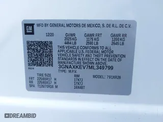 2021 Chevrolet Equinox LT with VIN 3GNAXKEV7ML349799, listed as a IAAI auction lot 41230757 with 13,389 mi miles. Bid and sale history available at carsss.com. Image 9.