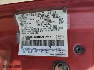 1992 Ford Ranger Splash with VIN 1FTCR15X5NPA54097, listed as a Copart auction lot 43804445 with 19,097 mi miles and Salvage Title. Bid and sale history available at carsss.com. Image 12.