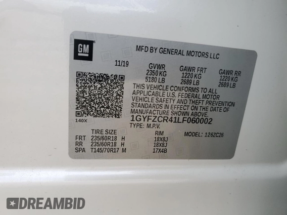 2020 Cadillac XT4 FWD Premium Luxury with VIN 1GYFZCR41LF060002, listed as a Copart auction lot 55750225 with 38,215 mi miles and Salvage title. Bid and sale history available at DreamBid. Image 13.