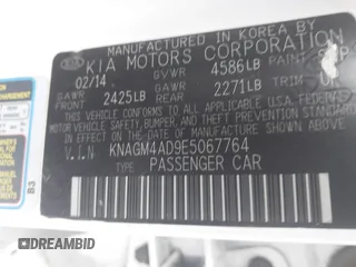 2014 Kia Optima LX with VIN KNAGM4AD9E5067764, listed as a IAAI auction lot 41911424 with 188,121 mi miles and . Bid and sale history available at DreamBid. Image 9.