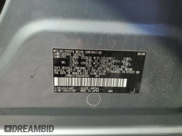 2008 Toyota RAV4 Limited with VIN JTMBD31V586085841, listed as a Copart auction lot 62519765 with 210,965 mi miles and Clean title. Bid and sale history available at DreamBid. Image 13.
