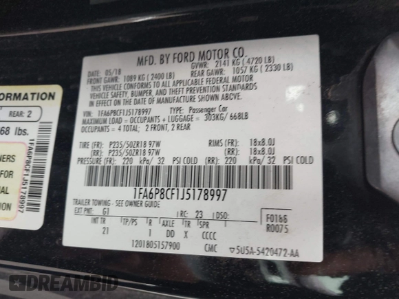 2018 Ford Mustang GT with VIN 1FA6P8CF1J5178997, listed as a IAAI auction lot 41794280 with 88,282 mi miles. Bid and sale history available at carsss.com. Image 9.