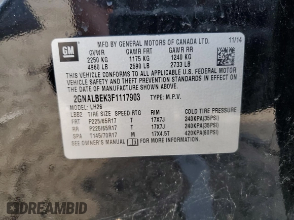 2015 Chevrolet Equinox LT with VIN 2GNALBEK3F1117903, listed as a Copart auction lot 54445695 with 101,974 mi miles and Clean Title. Bid and sale history available at carsss.com. Image 13.