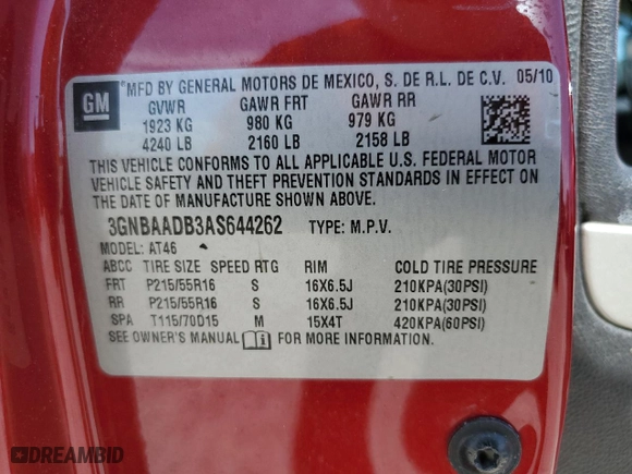 2010 Chevrolet HHR LS with VIN 3GNBAADB3AS644262, listed as a Copart auction lot 47842285 with NaN miles and Salvage Title. Bid and sale history available at carsss.com. Image 13.