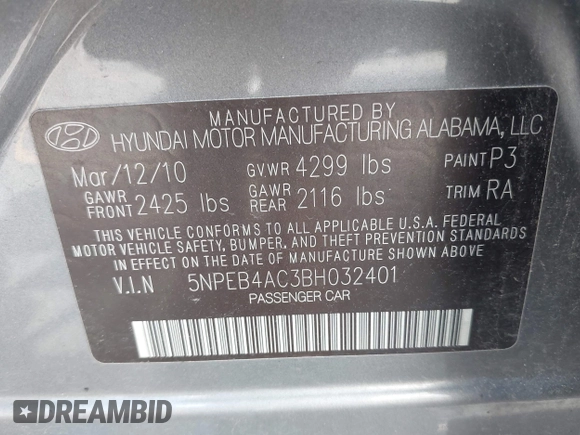 2011 Hyundai Sonata GLS with VIN 5NPEB4AC3BH032401, listed as a IAAI auction lot 42215100 with 159,178 mi miles and . Bid and sale history available at DreamBid. Image 9.