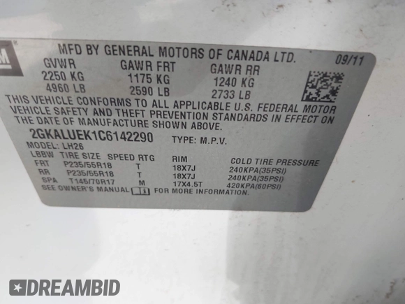 2012 GMC Terrain SLT-1 with VIN 2GKALUEK1C6142290, listed as a IAAI auction lot 42149741 with 71,455 mi miles and . Bid and sale history available at carsss.com. Image 9.