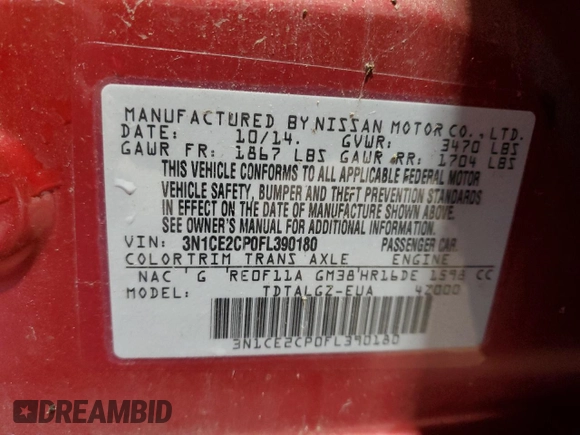 2015 Nissan Note S Plus with VIN 3N1CE2CP0FL390180, listed as a Copart auction lot 57475385 with 51,033 mi miles and Salvage title. Bid and sale history available at DreamBid. Image 12.