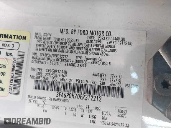 2014 Ford Fusion SE with VIN 3FA6P0H70ER312212, listed as a IAAI auction lot 41654172 with 122,744 mi miles. Bid and sale history available at carsss.com. Image 9.