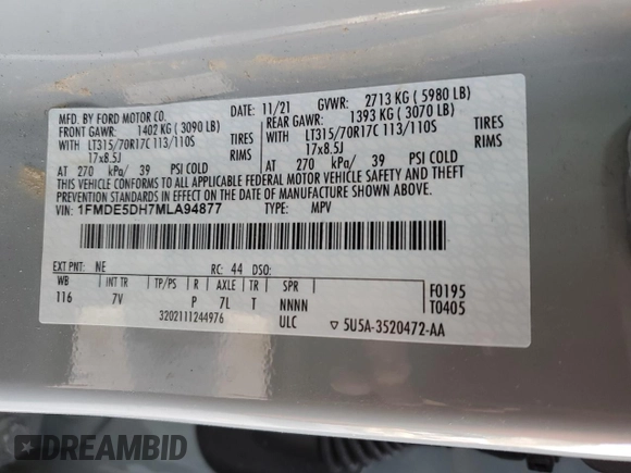 2021 Ford Bronco with VIN 1FMDE5DH7MLA94877, listed as a Copart auction lot 42676505 with 43,918 mi miles and Salvage title. Bid and sale history available at DreamBid. Image 15.