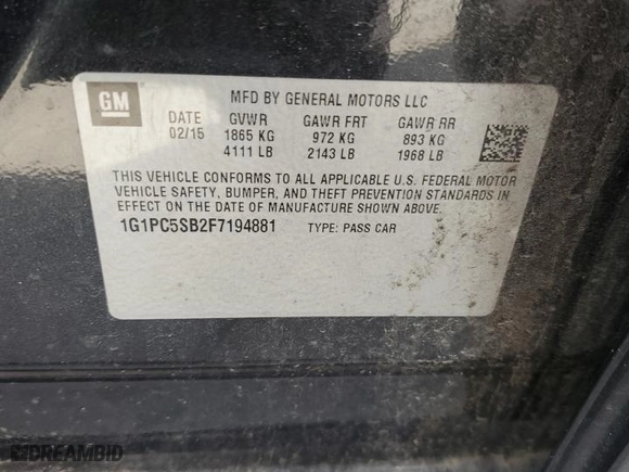 2015 Chevrolet Cruze LT with VIN 1G1PC5SB2F7194881, listed as a Copart auction lot 47520165 with 115,084 mi miles and Salvage Title. Bid and sale history available at carsss.com. Image 14.