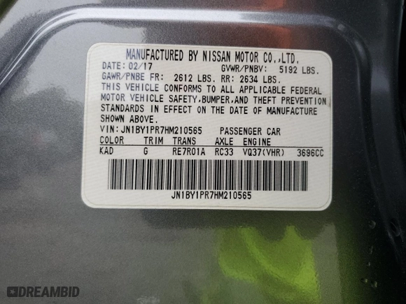 2017 Infiniti Q70L 3.7 with VIN JN1BY1PR7HM210565, listed as a Copart auction lot 71433164 with 95,723 mi miles and Salvage Title. Bid and sale history available at carsss.com. Image 12.