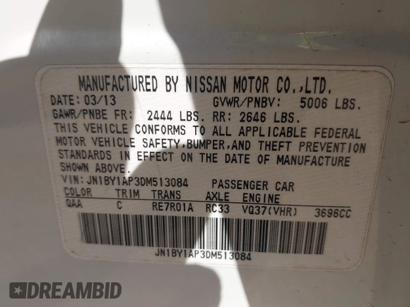 2013 Infiniti M37 with VIN JN1BY1AP3DM513084, listed as a IAAI auction lot 41903753 with 139,864 mi miles. Bid and sale history available at carsss.com. Image 9.
