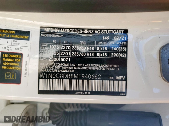 2021 Mercedes-Benz GLC 300 with VIN W1N0G8DB8MF940662, listed as a Copart auction lot 58817955 with 48,925 mi miles and Salvage title. Bid and sale history available at DreamBid. Image 13.