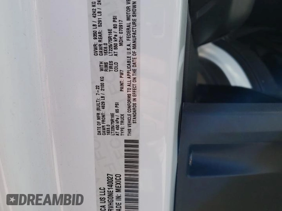 2022 Ram ProMaster Cargo with VIN 3C6MRVHG0NE140027, listed as a Copart auction lot 77065884 with 18,876 mi miles and Salvage Title. Bid and sale history available at DreamBid. Image 13.