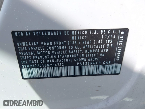 2016 Volkswagen Jetta Sedan 1.4T S w/Technology with VIN 3VW267AJ1GM284752, listed as a IAAI auction lot 41779951 with 164,880 mi miles. Bid and sale history available at carsss.com. Image 9.