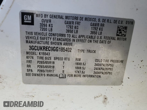 2016 Chevrolet Silverado 1500 LT with VIN 3GCUKREC9GG185402, listed as a Copart auction lot 52292115 with 131,861 mi miles and Salvage Title. Bid and sale history available at DreamBid. Image 12.