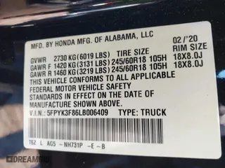 2020 Honda Ridgeline Black Edition with VIN 5FPYK3F86LB006409, listed as a IAAI auction lot 41434341 with 20,921 mi miles. Bid and sale history available at carsss.com. Image 9.