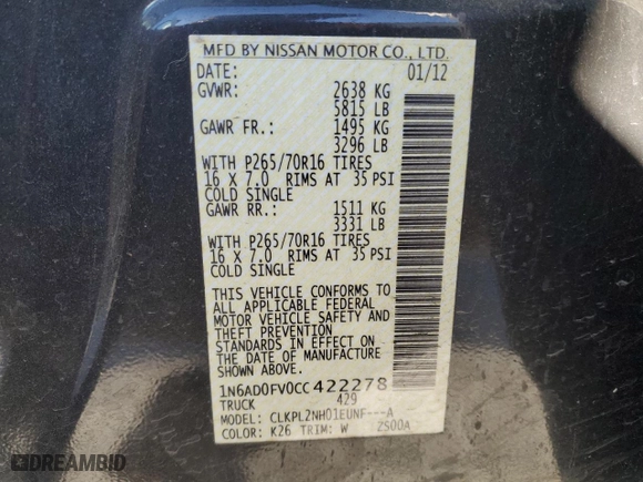 2012 Nissan Frontier SV with VIN 1N6AD0FV0CC422278, listed as a Copart auction lot 74420584 with 119,636 mi miles and Salvage Title. Bid and sale history available at carsss.com. Image 12.