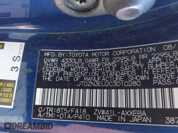 2012 Toyota Prius Two with VIN JTDZN3EU2C3010280, listed as a IAAI auction lot 41603213 with 219,654 mi miles and . Bid and sale history available at DreamBid. Image 9.