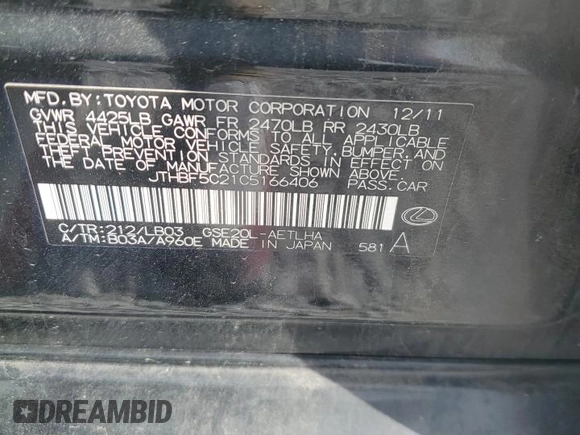 2012 Lexus IS 250 with VIN JTHBF5C21C5166406, listed as a Copart auction lot 55521305 with 123,708 mi miles and Salvage title. Bid and sale history available at DreamBid. Image 12.