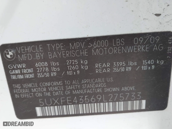 2009 BMW X5 30i with VIN 5UXFE43569L275733, listed as a IAAI auction lot 41897558 with 154,192 mi miles. Bid and sale history available at carsss.com. Image 9.