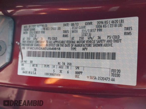 2014 Ford Escape SE with VIN 1FMCU0GX8EUA49818, listed as a IAAI auction lot 41903815 with 100,235 mi miles. Bid and sale history available at carsss.com. Image 9.