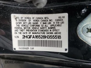 2008 Honda Civic LX with VIN 2HGFA16528H355518, listed as a Copart auction lot 58715425 with 163,409 mi miles and Salvage title. Bid and sale history available at DreamBid. Image 12.