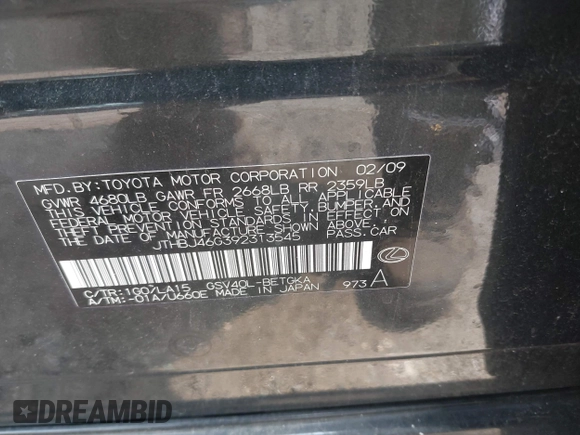 2009 Lexus ES 330 с VIN JTHBJ46G392313545, выставлен на аукционе IAAI как лот 42424298 с пробегом 53 111 миль миль и . История ставок и продаж доступна на DreamBid. Изображение 9.