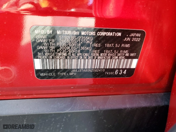 2022 Mitsubishi Outlander ES with VIN JA4J3TA80NZ082410, listed as a Copart auction lot 50783995 with 88,614 mi miles and Salvage Title. Bid and sale history available at carsss.com. Image 15.