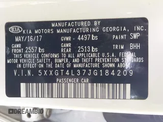 2018 Kia Optima LX with VIN 5XXGT4L37JG184209, listed as a IAAI auction lot 41905891 with 109,931 mi miles. Bid and sale history available at carsss.com. Image 9.