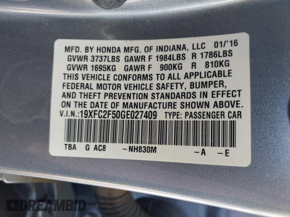 2016 Honda Civic Sedan LX with VIN 19XFC2F50GE027409, listed as a IAAI auction lot 41678211 with 116,498 mi miles. Bid and sale history available at carsss.com. Image 9.