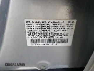 2013 Honda Pilot EX-L с VIN 5FNYF3H55DB005088, выставлен на аукционе Copart как лот 59875385 с пробегом 137 232 миль миль и Списание • Salvage title. История ставок и продаж доступна на DreamBid. Изображение 13.