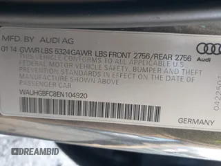 2014 Audi A6 Prestige with VIN WAUHGBFC8EN104920, listed as a IAAI auction lot 41827864 with 70,289 mi miles and . Bid and sale history available at DreamBid. Image 9.