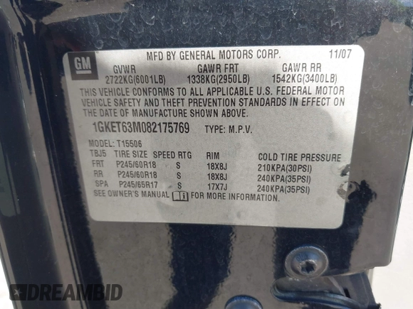 2008 GMC Envoy Denali with VIN 1GKET63M082175769, listed as a IAAI auction lot 41604135 with 136,013 mi miles. Bid and sale history available at carsss.com. Image 9.
