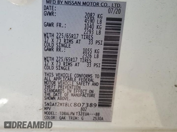 2020 Nissan Rogue SL with VIN 5N1AT2MT8LC807389, listed as a Copart auction lot 42538735 with 85,135 mi miles and Non Repairable. Bid and sale history available at DreamBid. Image 13.