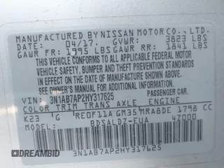2017 Nissan Sentra S with VIN 3N1AB7AP2HY317625, listed as a IAAI auction lot 42204408 with 133,241 mi miles and . Bid and sale history available at DreamBid. Image 9.
