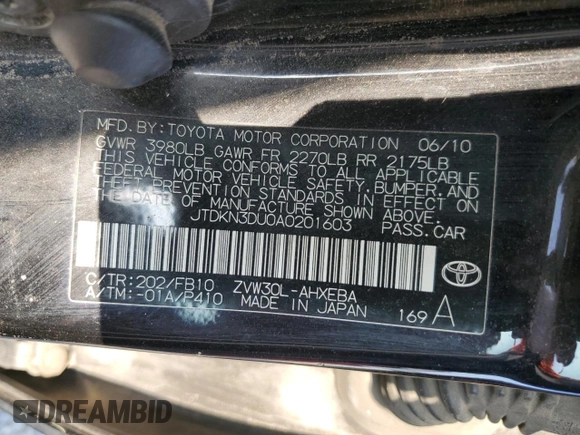 2010 Toyota Prius II with VIN JTDKN3DU0A0201603, listed as a Copart auction lot 55108355 with 228,467 mi miles and Clean Title. Bid and sale history available at carsss.com. Image 12.