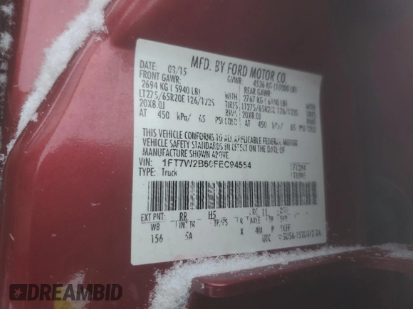 2015 Ford Super Duty F-250 SRW Lariat with VIN 1FT7W2B60FEC94554, listed as a Copart auction lot 45032695 with 0 mi miles and Salvage Title. Bid and sale history available at carsss.com. Image 14.