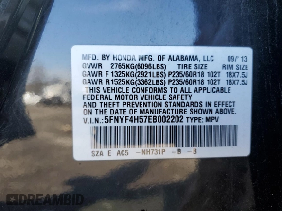 2014 Honda Pilot EX-L with VIN 5FNYF4H57EB002202, listed as a Copart auction lot 52979515 with 218,103 mi miles and Salvage Title. Bid and sale history available at carsss.com. Image 13.