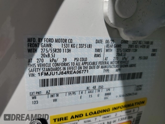 2024 Ford Expedition XLT with VIN 1FMJU1J84REA06771, listed as a Copart auction lot 52702185 with 20,995 mi miles and Salvage title. Bid and sale history available at DreamBid. Image 13.