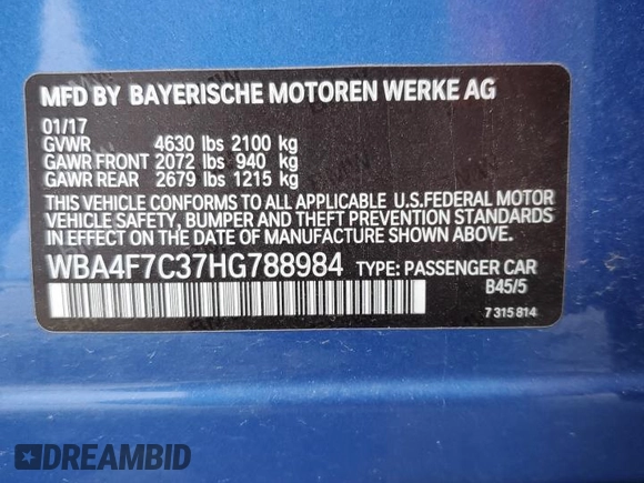 2017 BMW 4 Series 430i with VIN WBA4F7C37HG788984, listed as a Copart auction lot 54154405 with 92,596 mi miles and Salvage title. Bid and sale history available at DreamBid. Image 13.